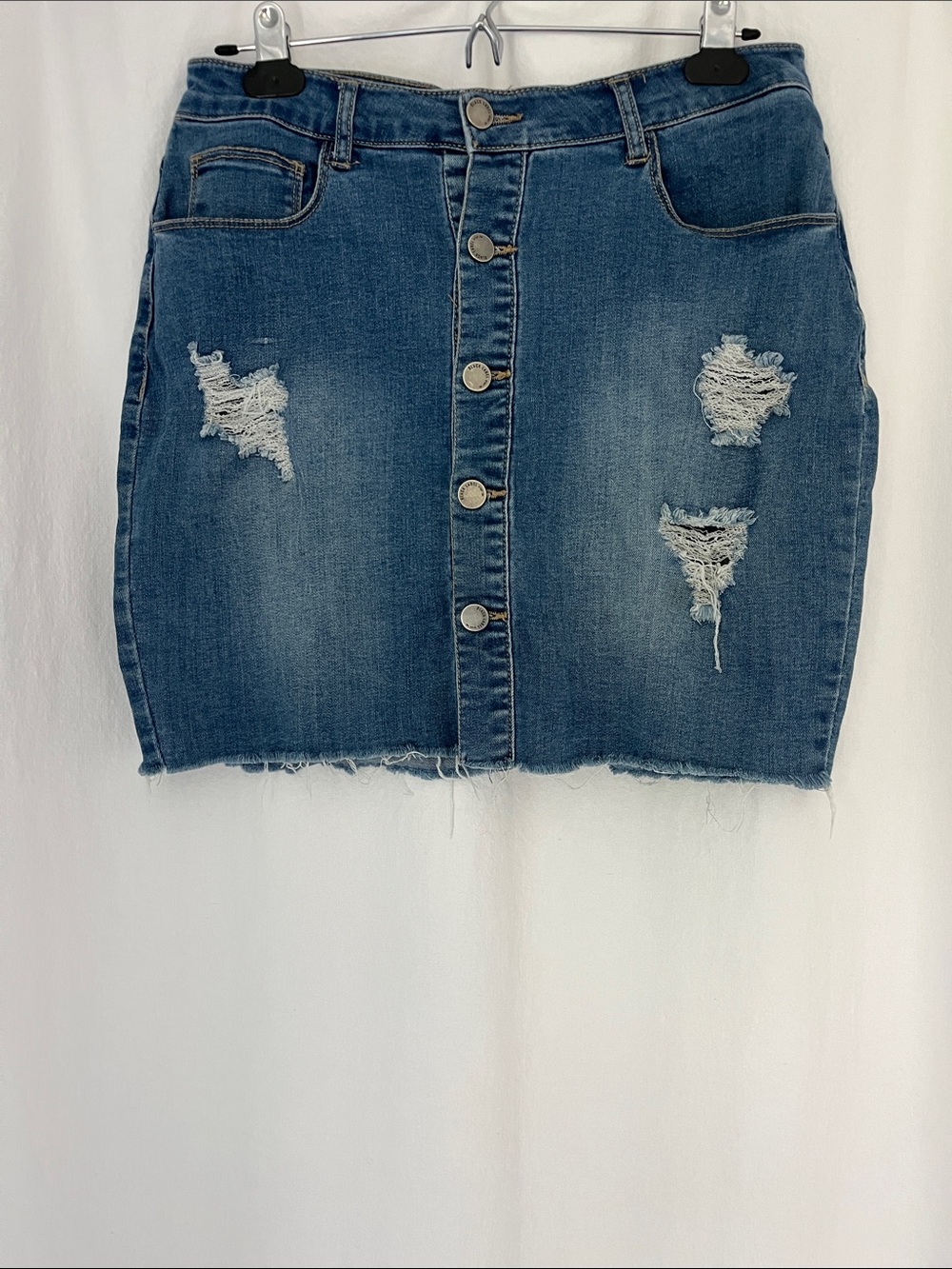 Black Label Distressed Blue Denim Button-Front Mini Skirt